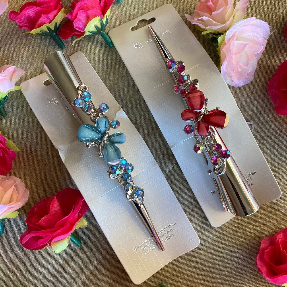 NWT Jeweled Hair Clips Blue & Pink